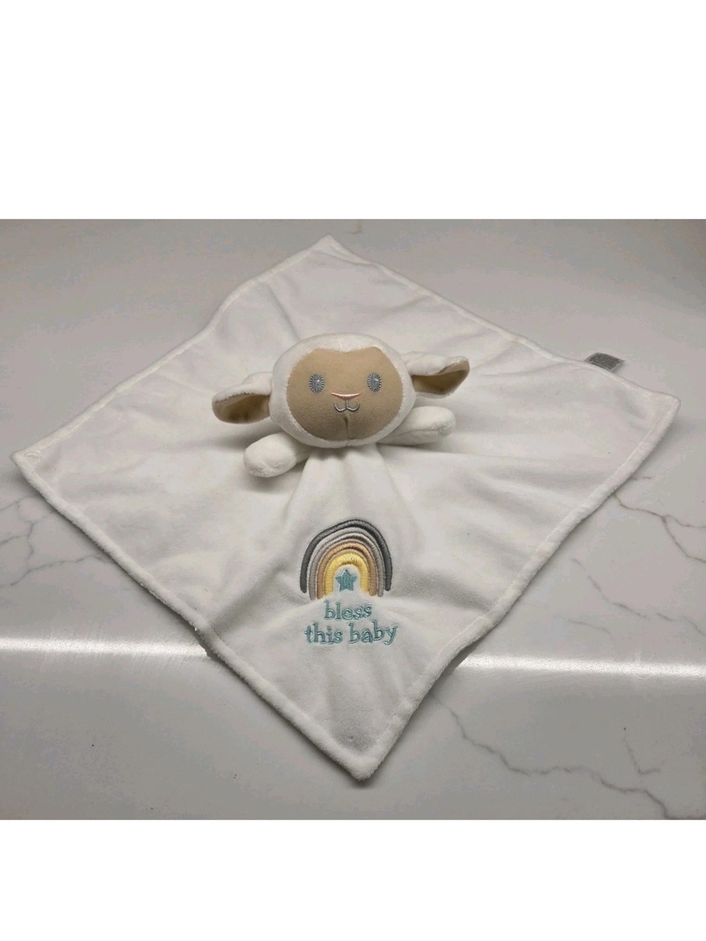 Baby Starters Lamb Lovey Security Blanket Rattle God Bless Baby White Satin